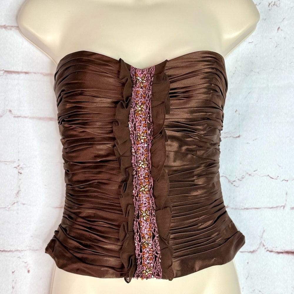 KAY UNGER Brown Ruched 100% Silk Bustier Corset Embellished Ruffle Size 4 - Picture 12 of 16
